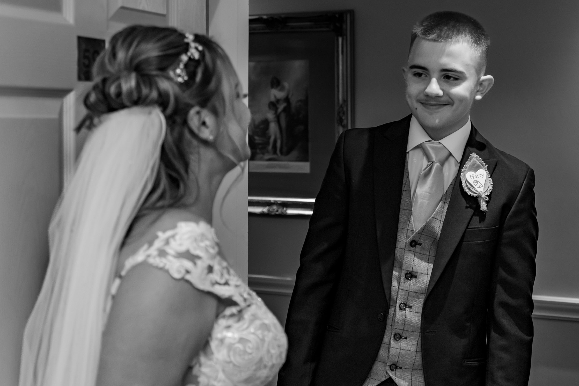 Bride and son first reveal prior to the bride getting married at Waterton Park Hotel in Wakefield
