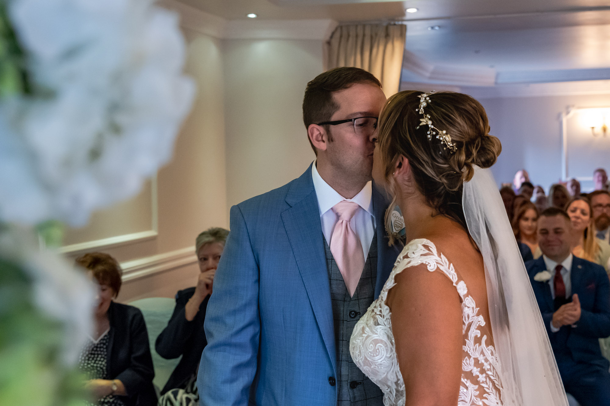 Bride and Groom first kiss at Waterton Park Hotel in Wakefield